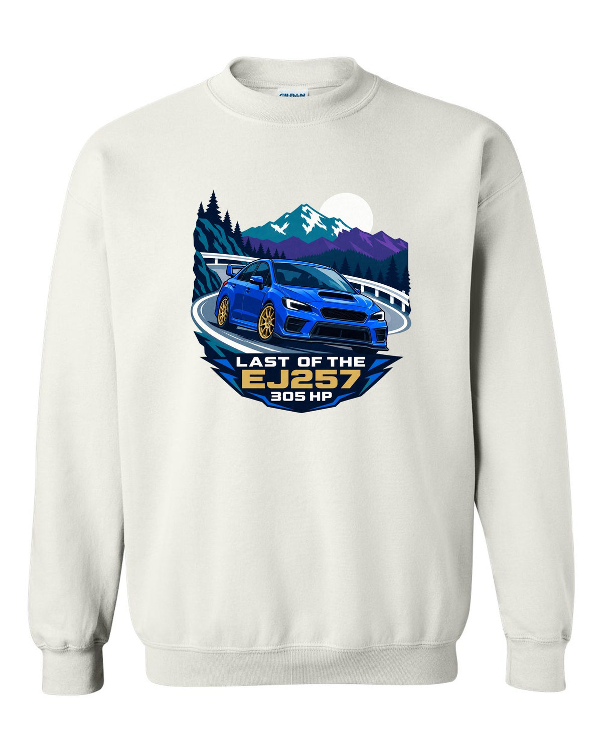Flat vector minimalist Subaru WRX STI VAB on a hairpin corner white crewneck front view with the design