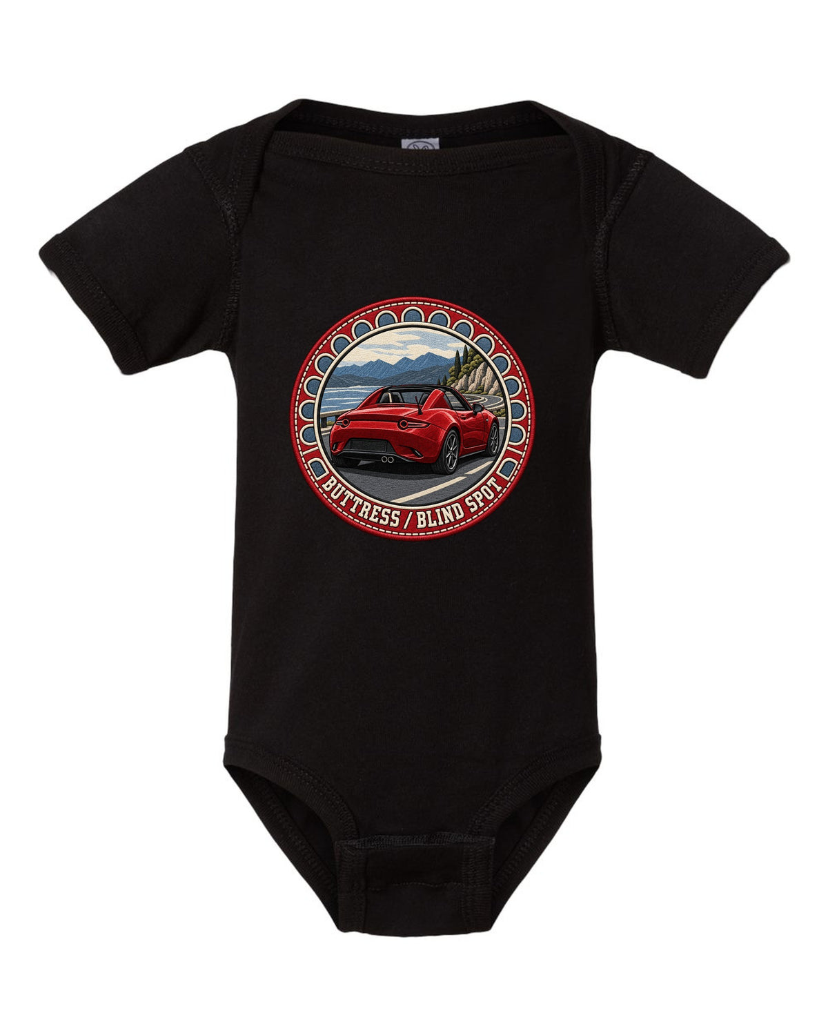 Embroidery-style roundel crest of a Mazda MX-5 ND RF fastback with blind spot text black baby onesie front view with the design