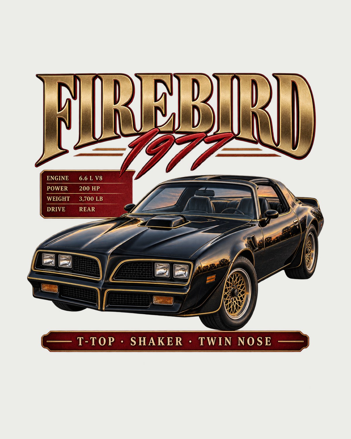 Pontiac Firebird 1977 T-Top Archive Panel Shirt, Shaker Twin Nose design only