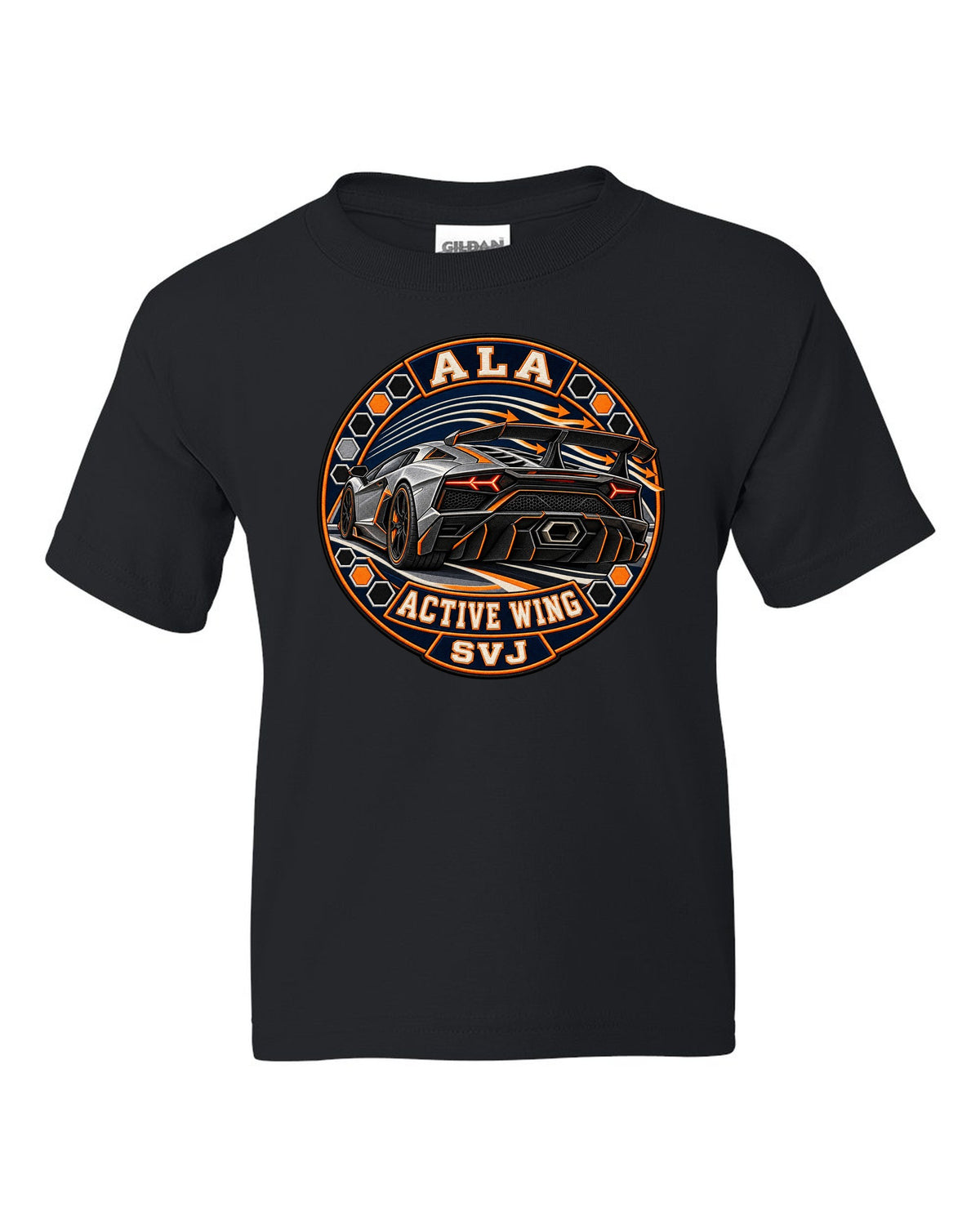 Embroidery-style round crest of a Lamborghini Aventador SVJ LP770-4 with text ALA / ACTIVE WING / SVJ black kids tee front view with the design
