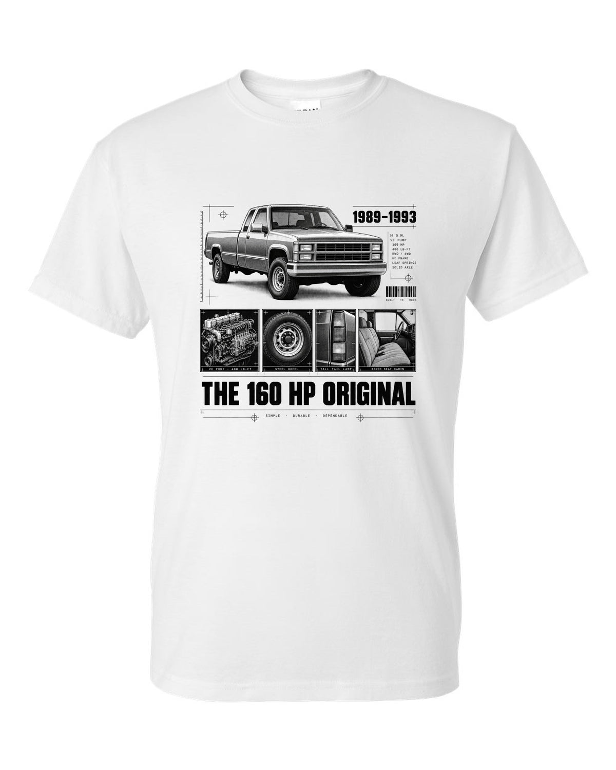 Dossier print of a 1989-93 Dodge D250 1st gen Cummins with VE pump and torque figures white t-shirt front view with the design
