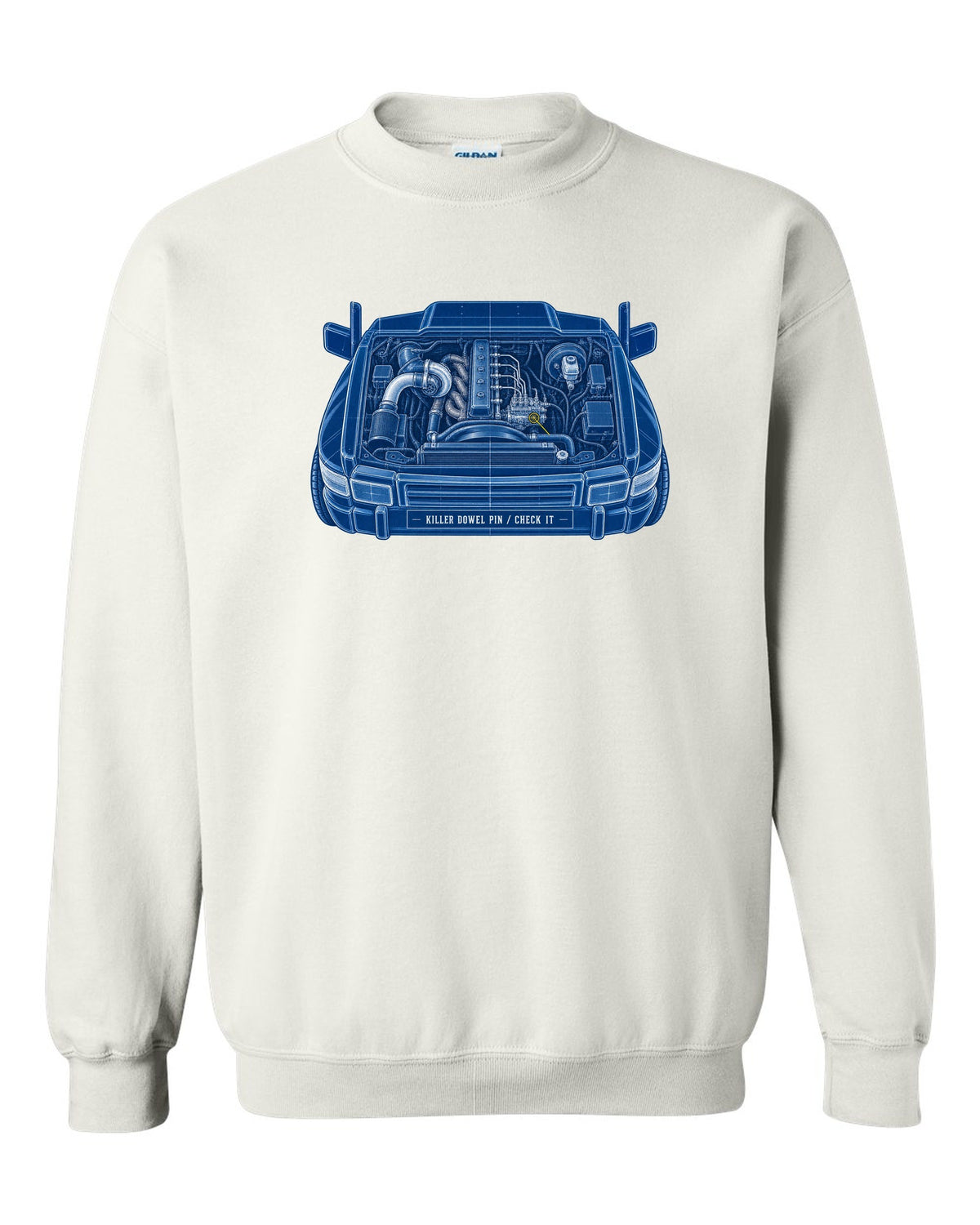 Cyanotype blueprint print of a 1994-1998 Dodge Ram 12V 5.9 Cummins engine bay white crewneck front view with the design