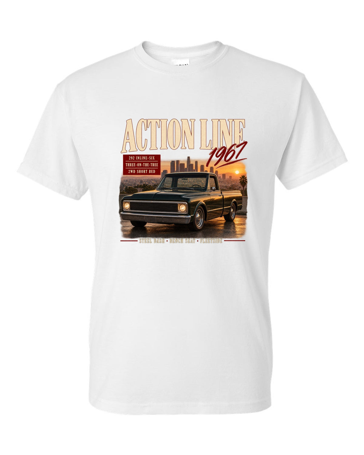 Archive panel print of a 1967 Chevrolet C10 Action Line Fleetside with 292 inline-six text white t-shirt front view with the design