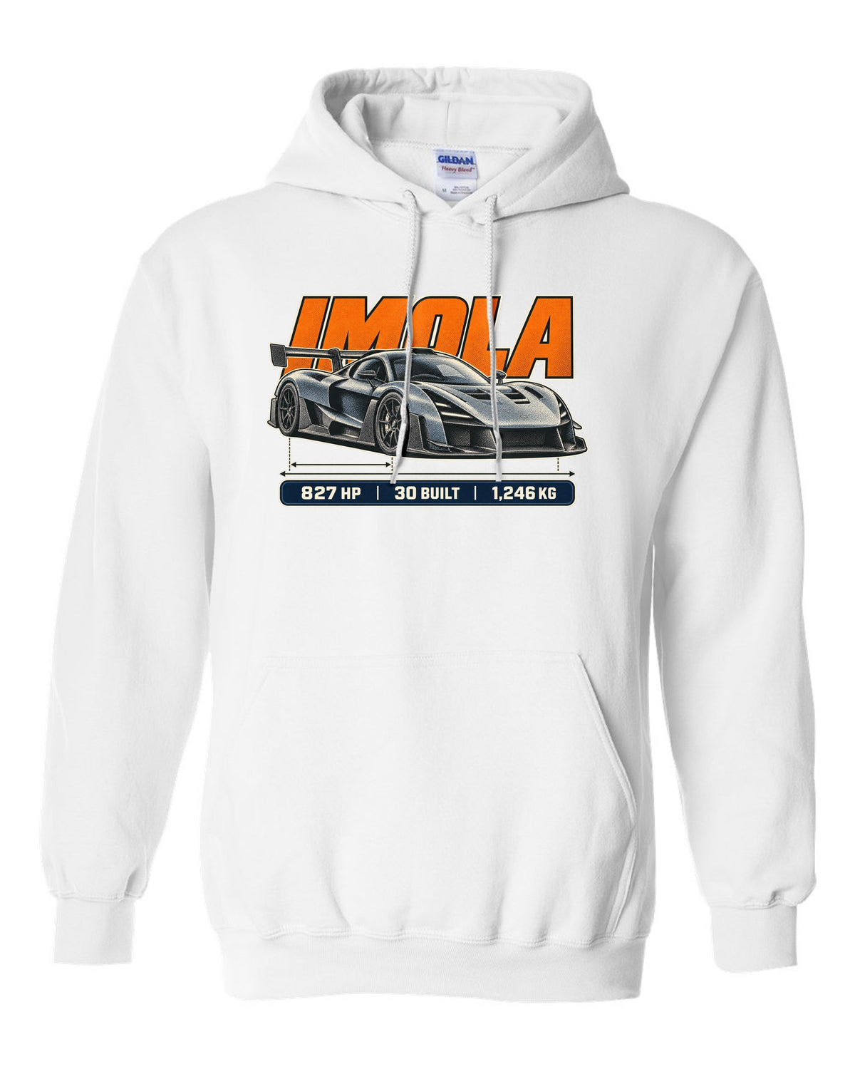Halftone print of the Pagani Huayra Imola with the text Imola, 827 hp, 30 built, 1,246 kg white pull over hoodie front view with the design