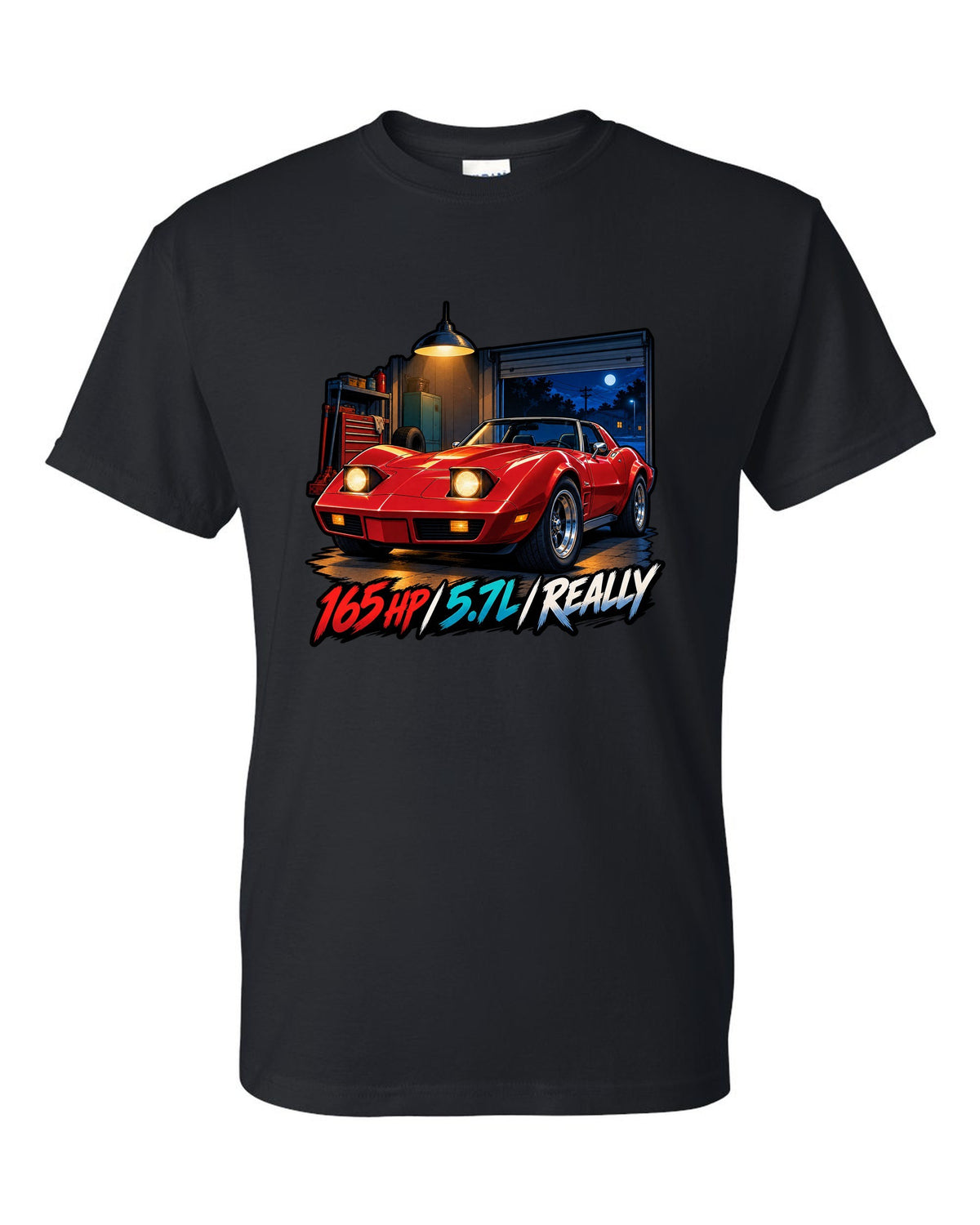 Cel-shaded anime night touge print of a 1975 Chevrolet Corvette C3 Stingray with 165 HP 5.7L lettering black t-shirt front view with the design