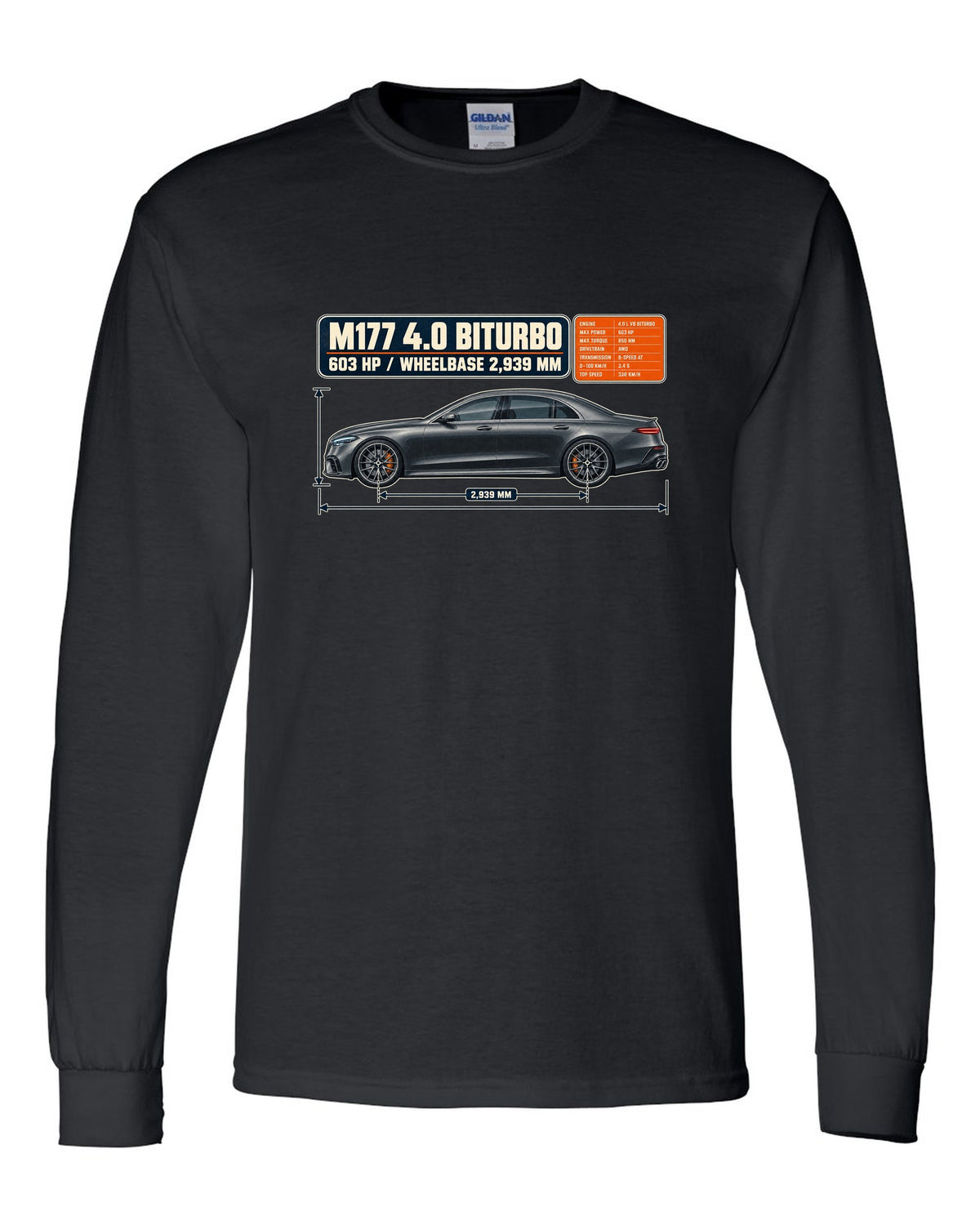 Dimension blueprint print of a graphite grey Mercedes-AMG E63 S W213 sedan black long sleeve front view with the design