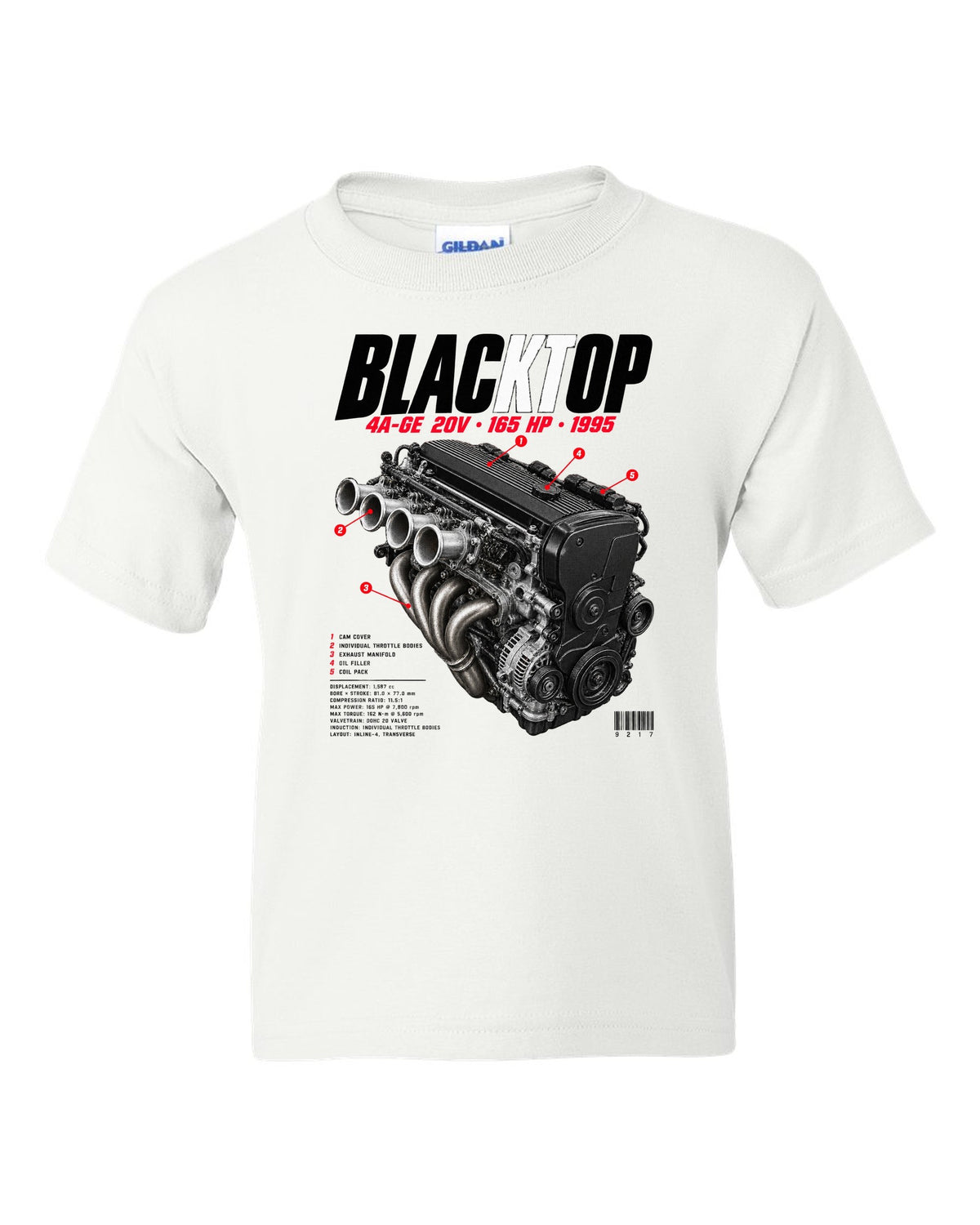 Engine bay hero print of the blacktop 4A-GE 20V in a Toyota Corolla Levin AE111 white kids tee front view with the design