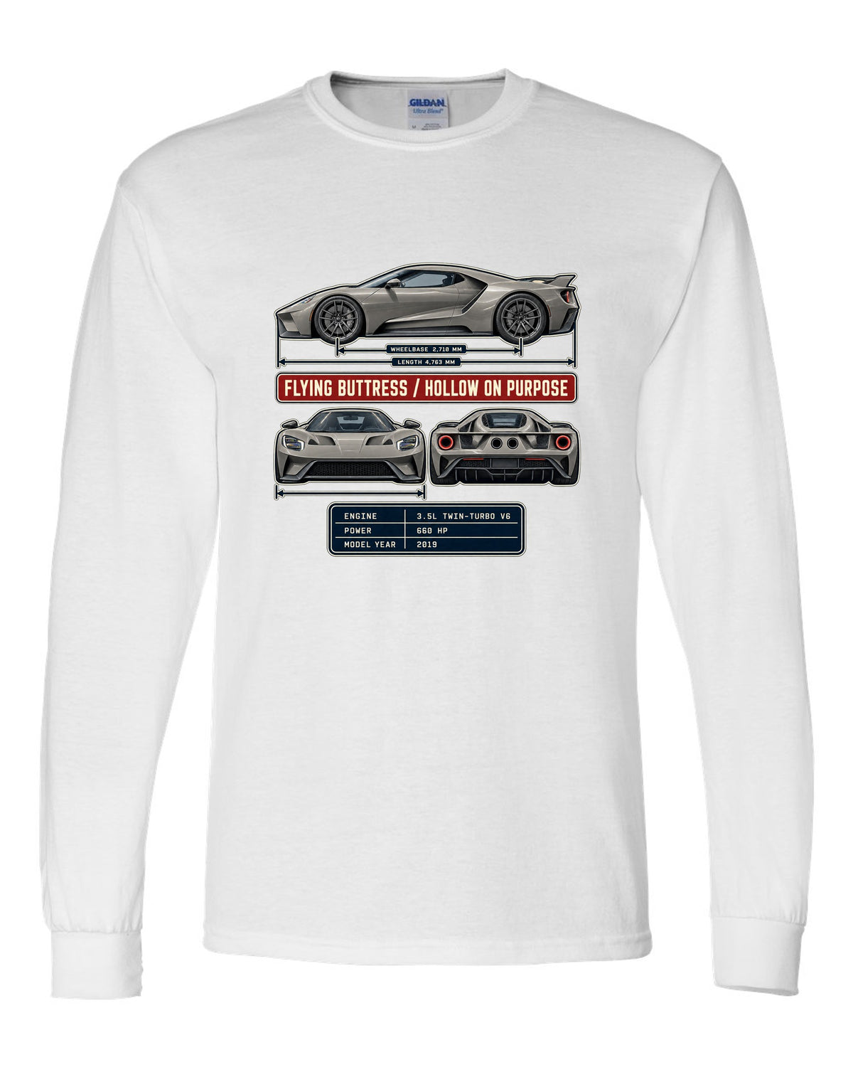 print of a 2019 Ford GT three-view drawing with spec table and flying buttress text white long sleeve front view with the design