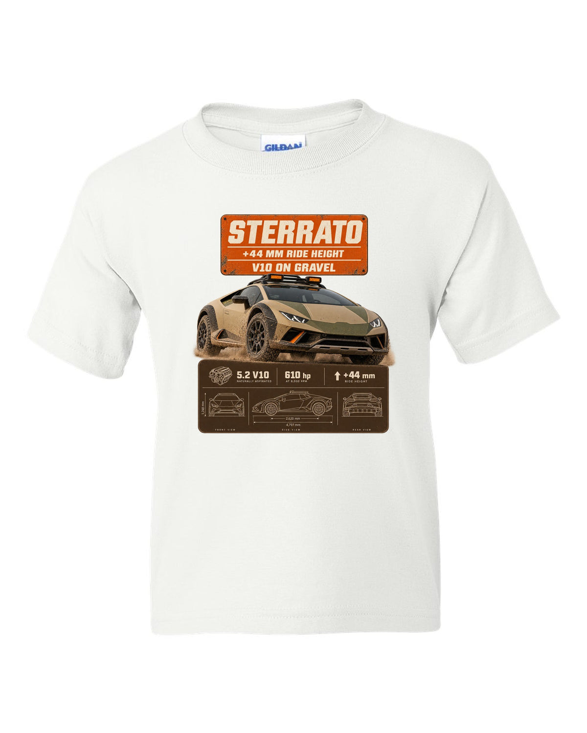 Spec poster print of the Lamborghini Huracan Sterrato white kids tee front view with the design
