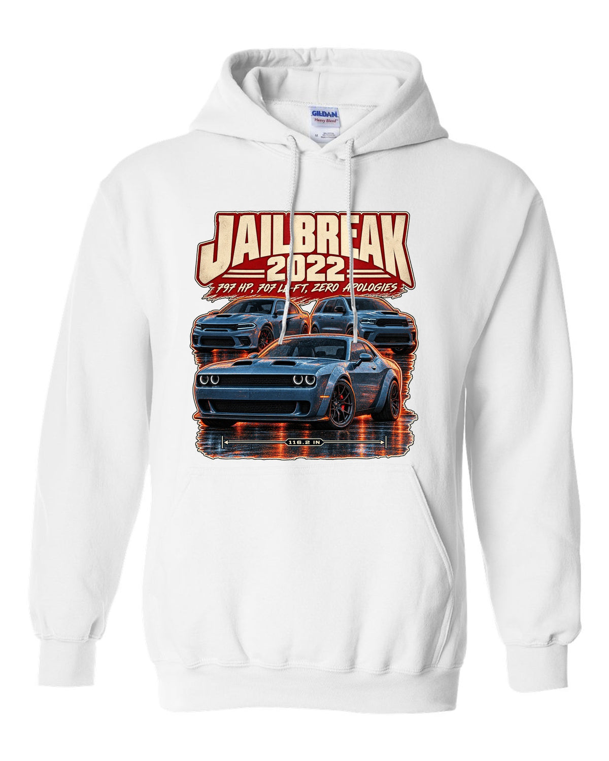 Dodge Challenger Hellcat Redeye Jailbreak 2022 street poster print white pull over hoodie front view with the design