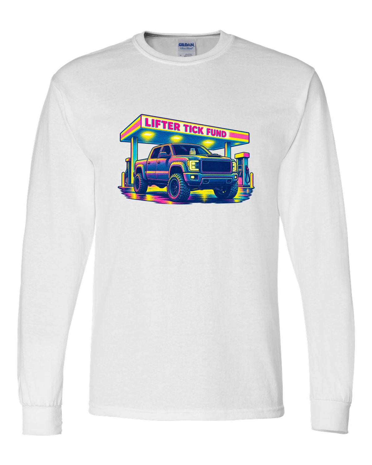 Risograph print of a 2007-2013 Chevrolet Silverado GMT900 with Lifter Tick Fund text white long sleeve front view with the design