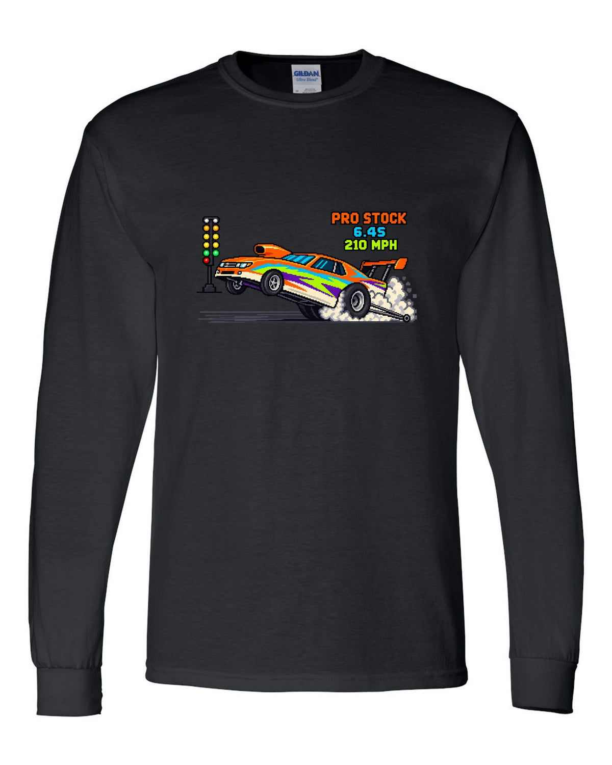 8-bit pixel art Pro Stock drag car launching with 6.4S 210 MPH lettering black long sleeve front view with the design
