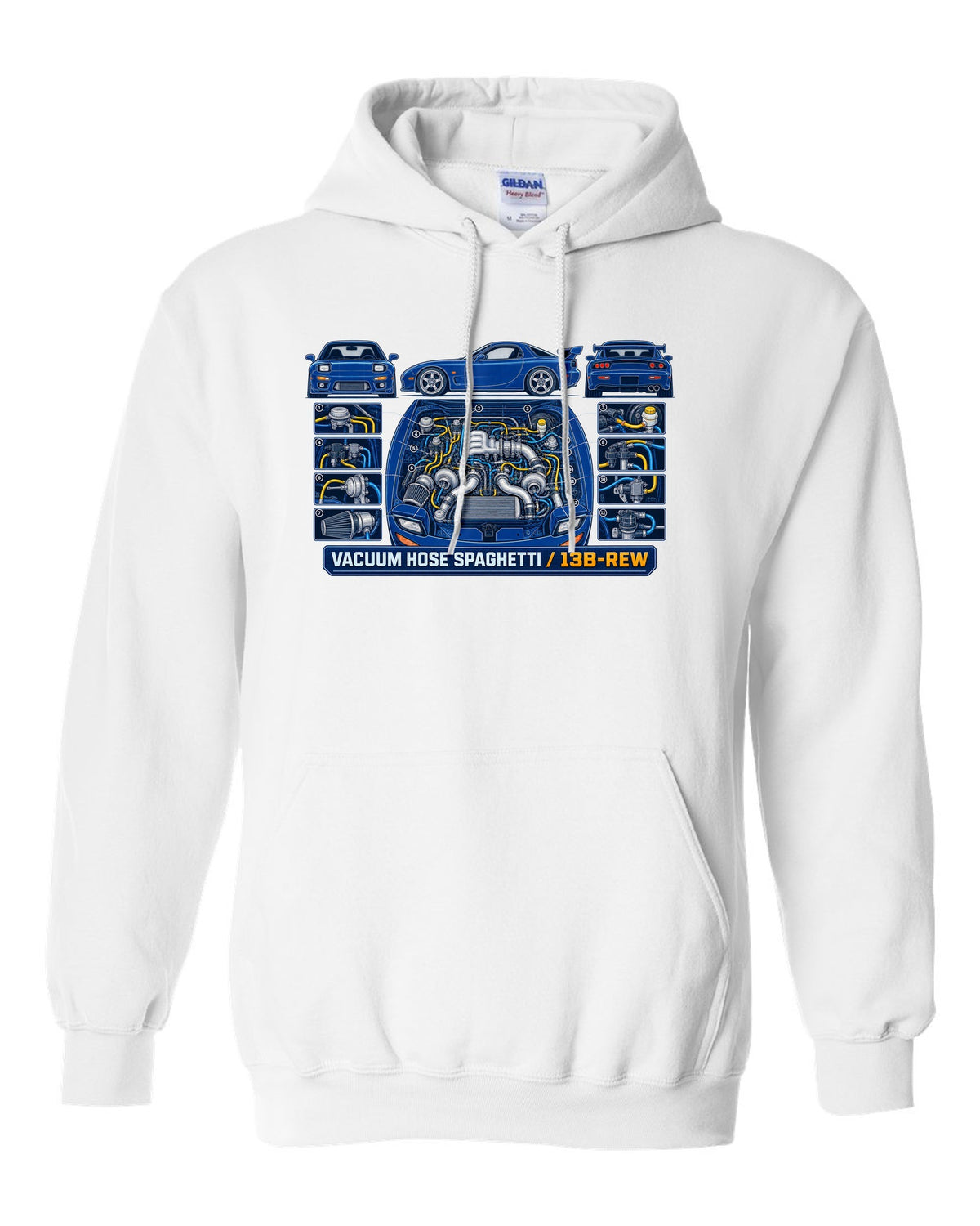 Patent drawing schematic print of a Mazda RX-7 FD3S 13B-REW with text Vacuum Hose Spaghetti white pull over hoodie front view with the design