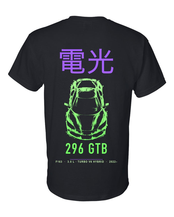 296 GTB full-back artwork black t-shirt back view with the design