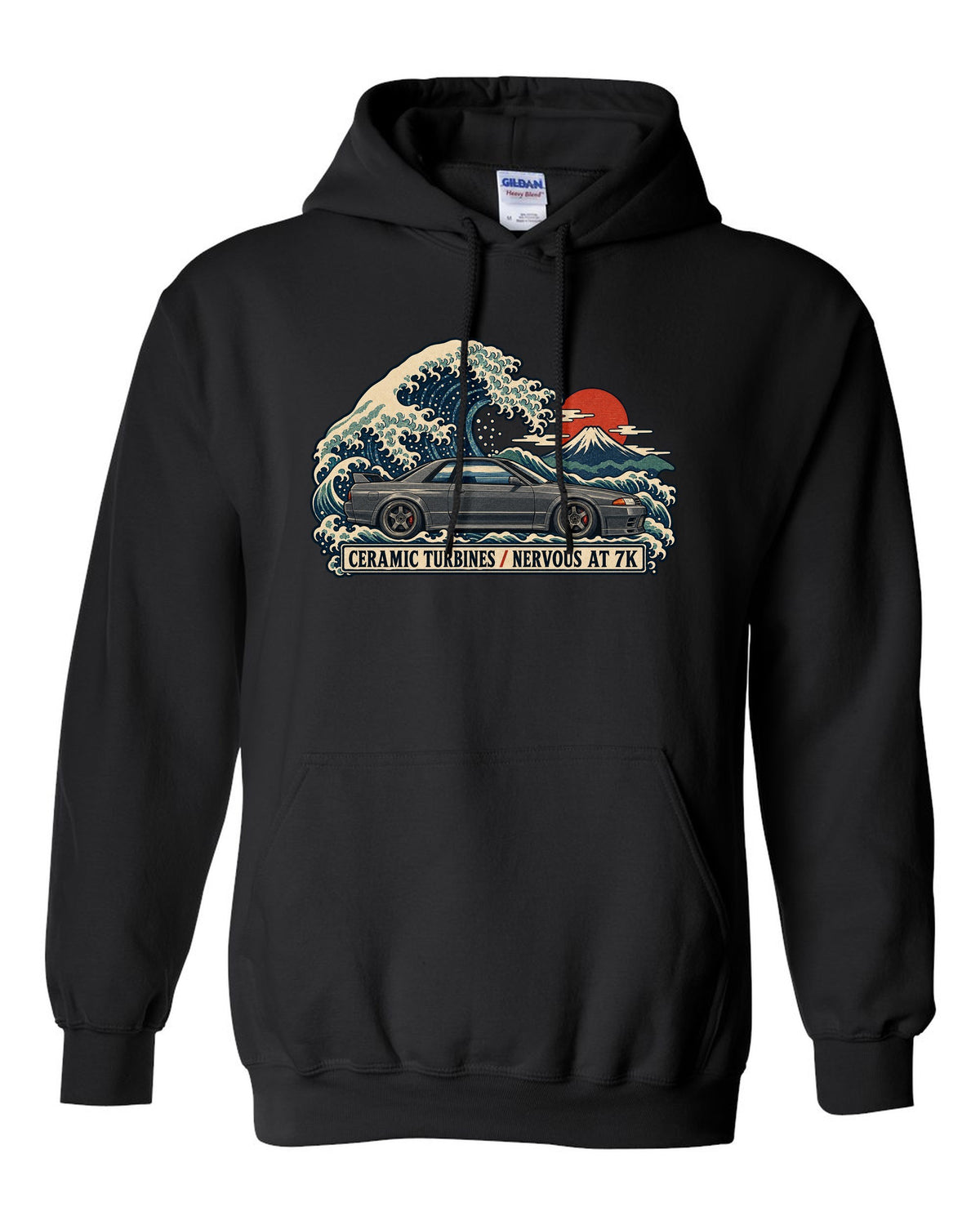 Ukiyo-e woodblock print of a gun grey Nissan Skyline GT-R R32 BNR32 on a wave black pull over hoodie front view with the design