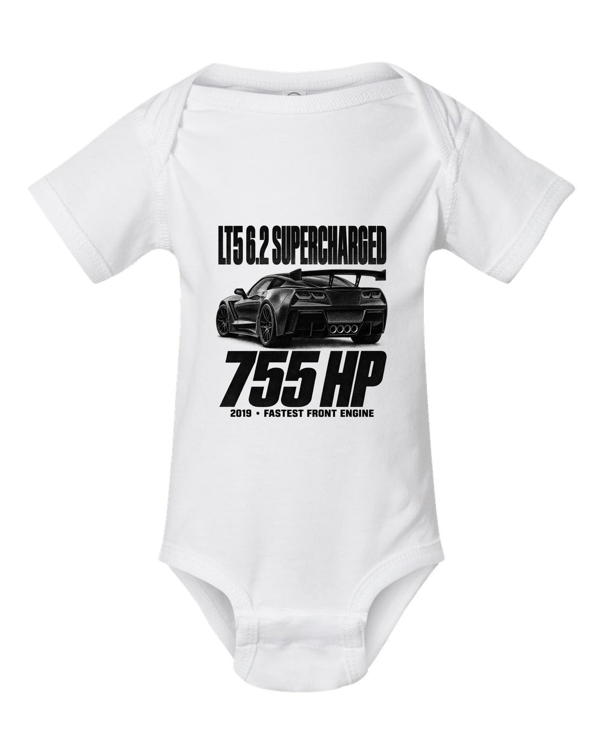 Corvette C7 ZR1 2019 halftone print with rear wing and vents white baby onesie front view with the design