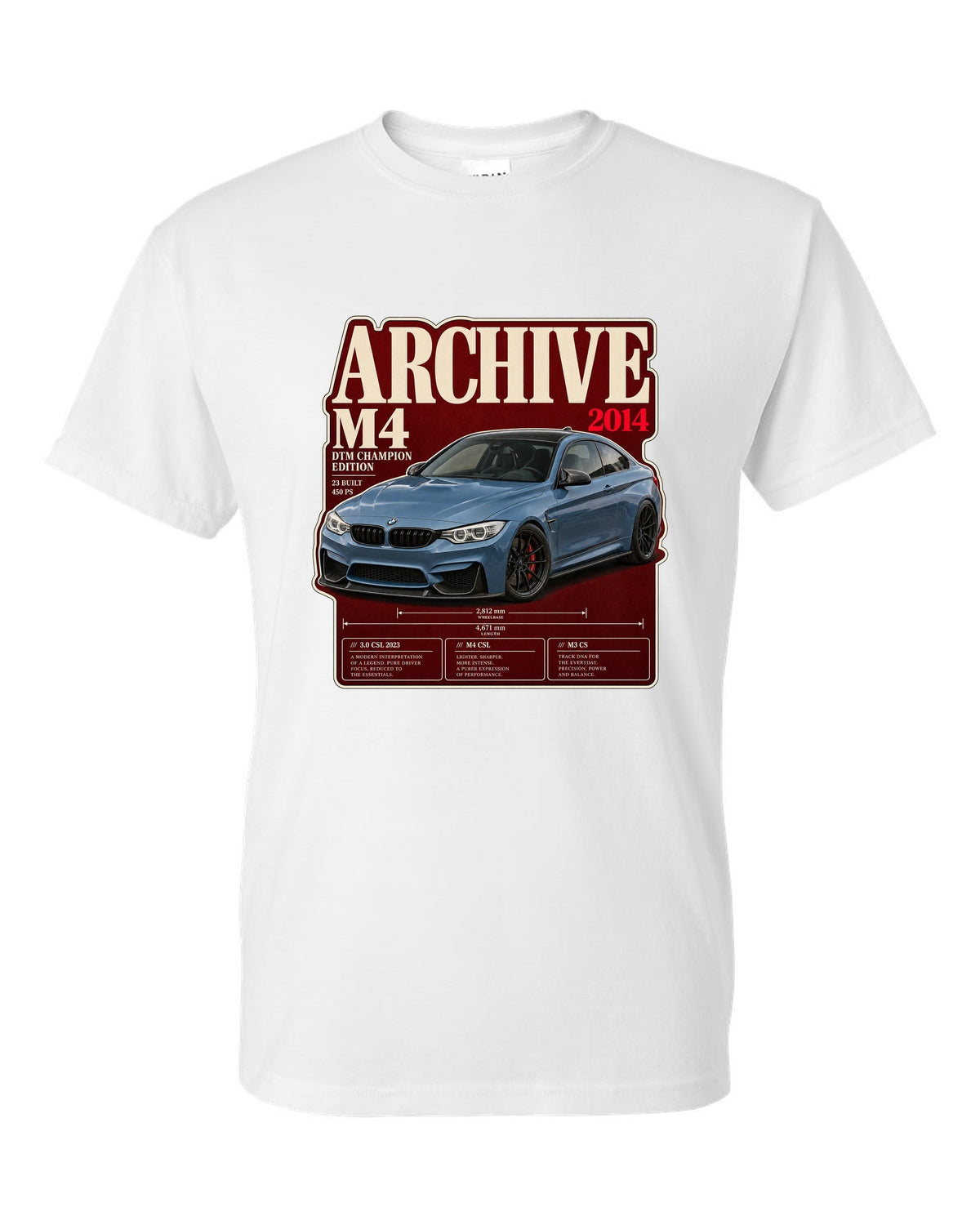 BMW M4 DTM Champion Edition F82 archive panel print white t-shirt front view with the design
