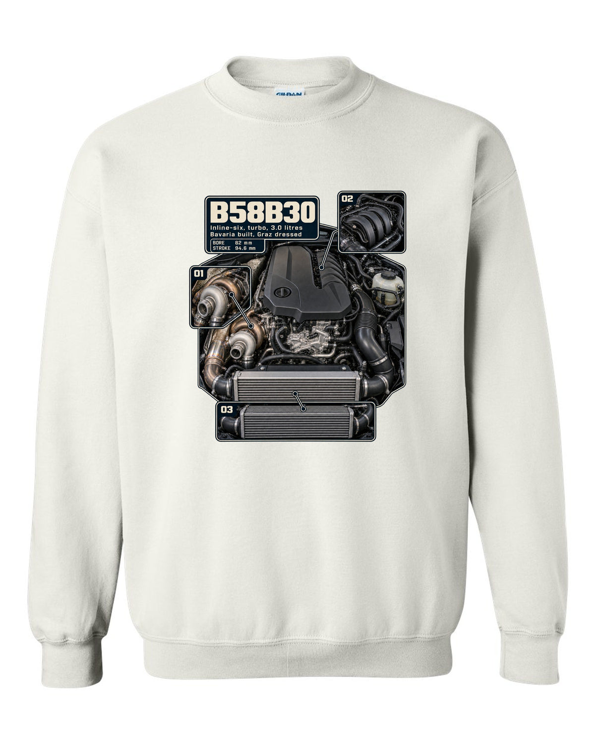 Engine hero print of the BMW B58B30 inline-six from the Z4 M40i white crewneck front view with the design