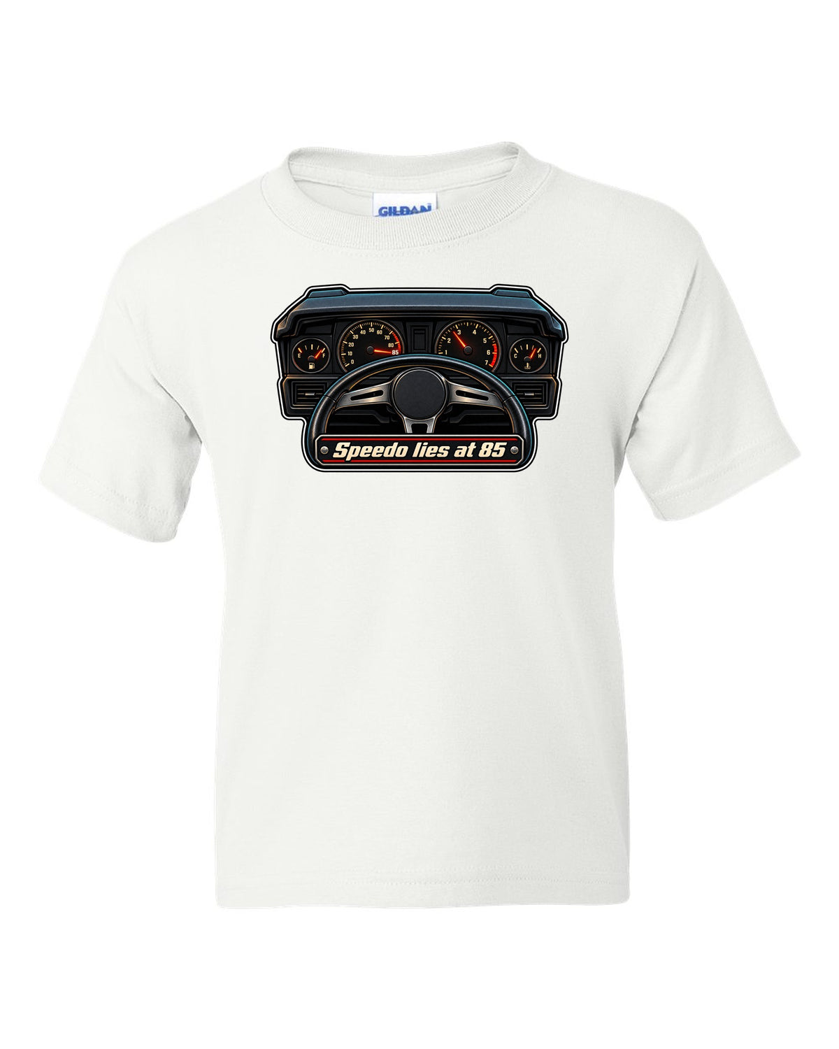 Gauge-cluster HUD print for a Ford Mustang Fox Body GT with speedo text white kids tee front view with the design
