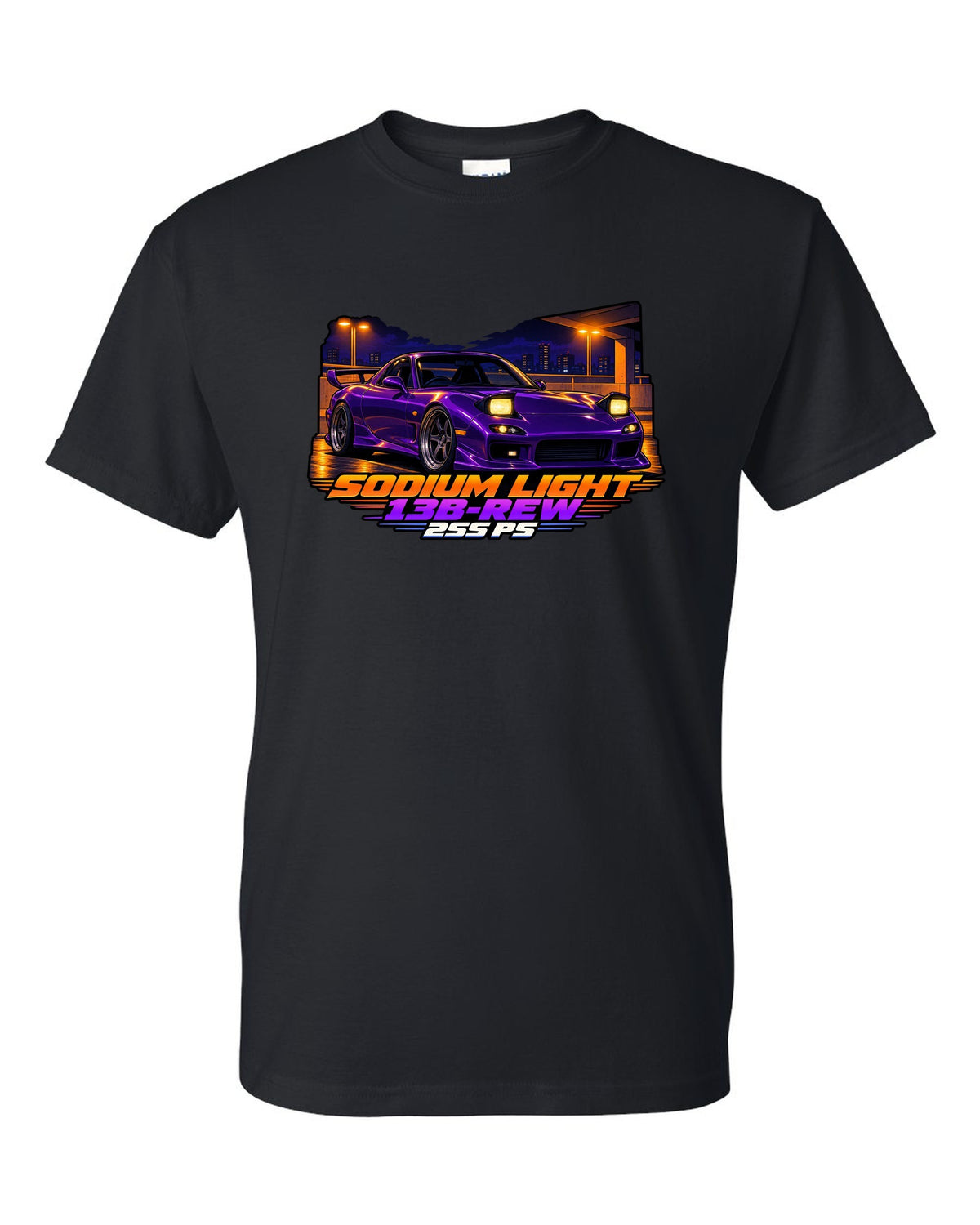 Cel-shaded 90s anime night print of a Mazda RX-7 FD3S with text Sodium Light, 13B-REW, 255 PS black t-shirt front view with the design