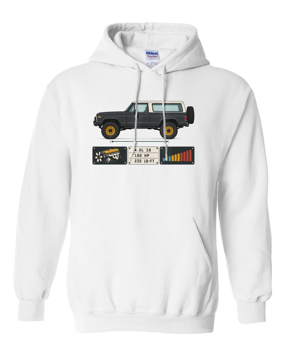 Jeep Wrangler LJ Unlimited spec sheet data plate design with 4.0L I6 190 HP 235 lb-ft white pull over hoodie front view with the design