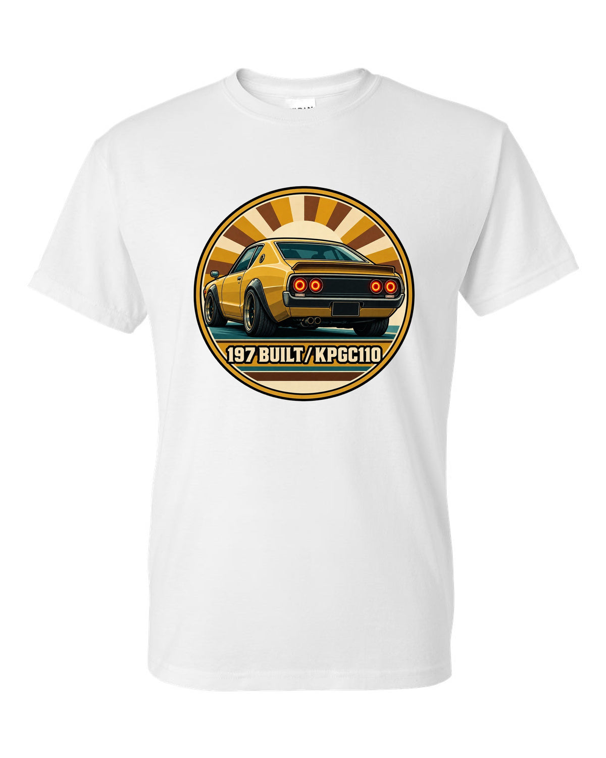 Round crest print for the Skyline Kenmeri KPGC110 with 197 Built lettering white t-shirt front view with the design