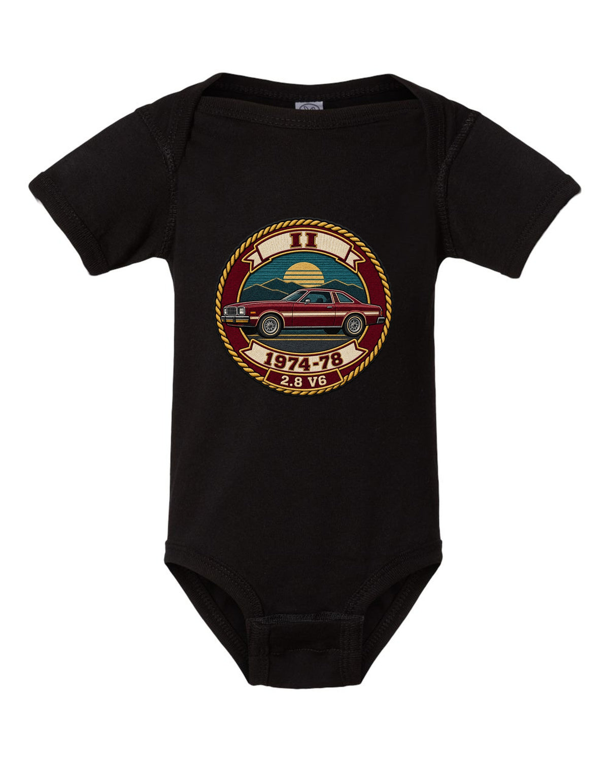 Embroidery-style varsity crest print for a 1974-78 Ford Mustang II notchback black baby onesie front view with the design