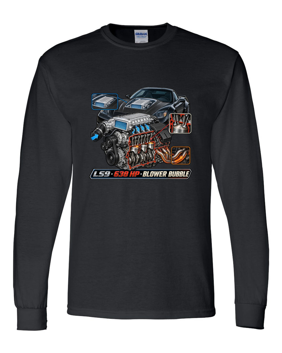 Cutaway engine print of the LS9 supercharger in a 2009 Chevrolet Corvette C6 ZR1 with 638 HP text black long sleeve front view with the design