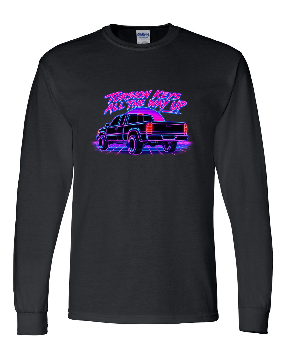 Neon synthwave line print of a 1988-98 Chevrolet GMT400 C1500 OBS extended cab taillight black long sleeve front view with the design