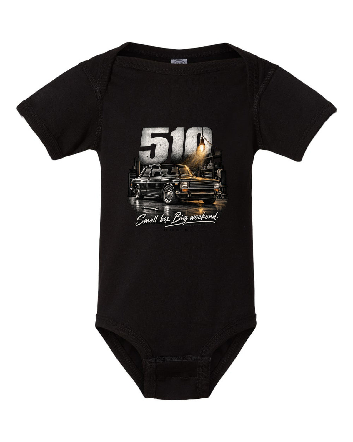 Garage night print of a Datsun 510 sedan with L16 1.6L 96 HP text black baby onesie front view with the design