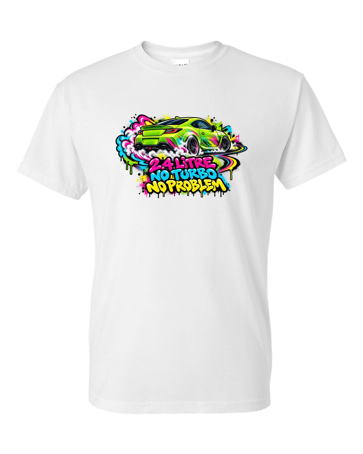 Subaru BRZ ZD8 sideways in front of a graffiti wall, 2.4 LITRE / NO TURBO / NO PROBLEM white t-shirt front view with the design