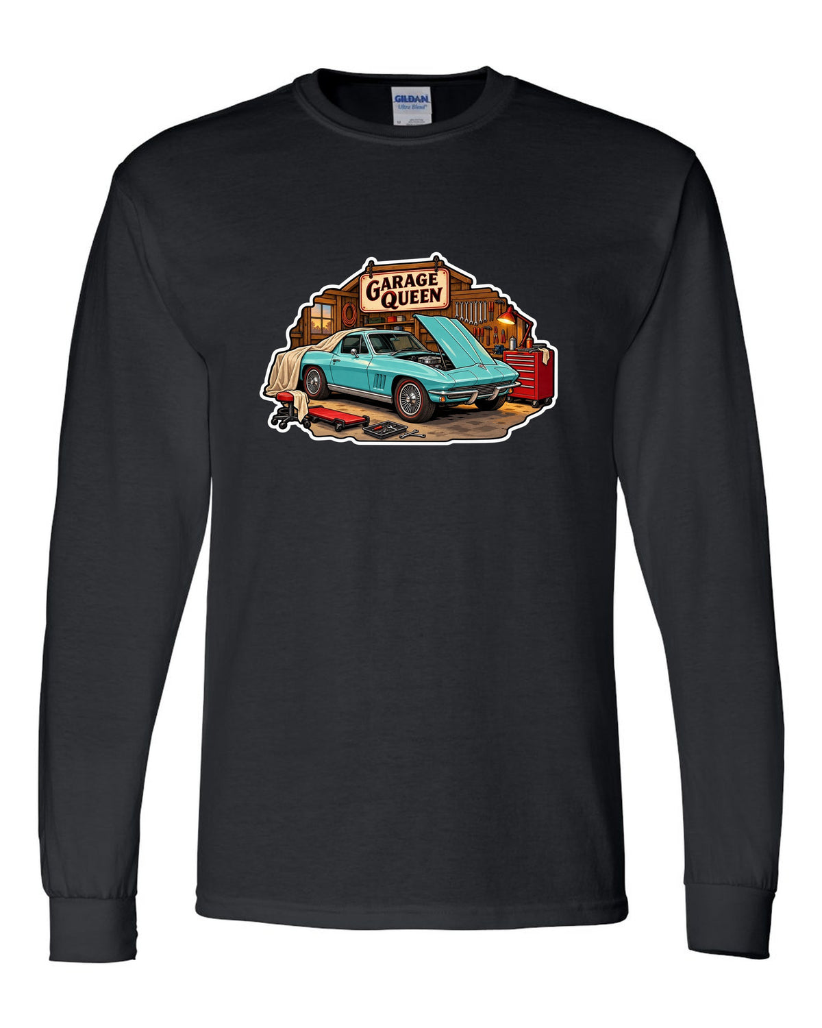 Sticker-bomb collage print of a 1966 Chevrolet Corvette C2 Sting Ray coupe with Garage Queen lettering black long sleeve front view with the design