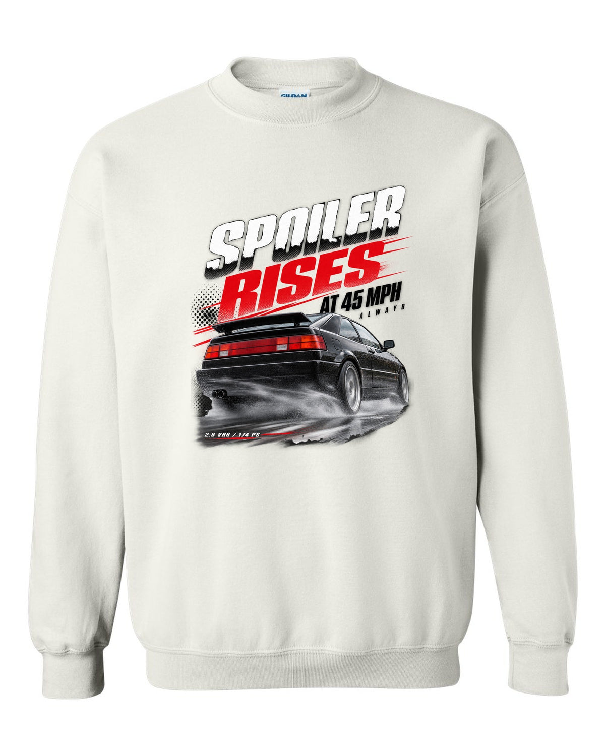 Race poster print of a VW Corrado VR6 rear three-quarter with spoiler rises at 45 mph text white crewneck front view with the design