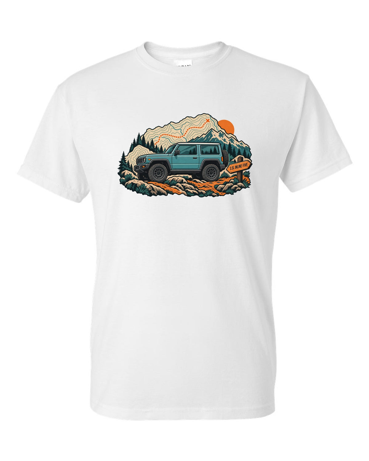 Topographic trail map print of a 2006-10 Hummer H3 with 3.5L inline five lettering white t-shirt front view with the design