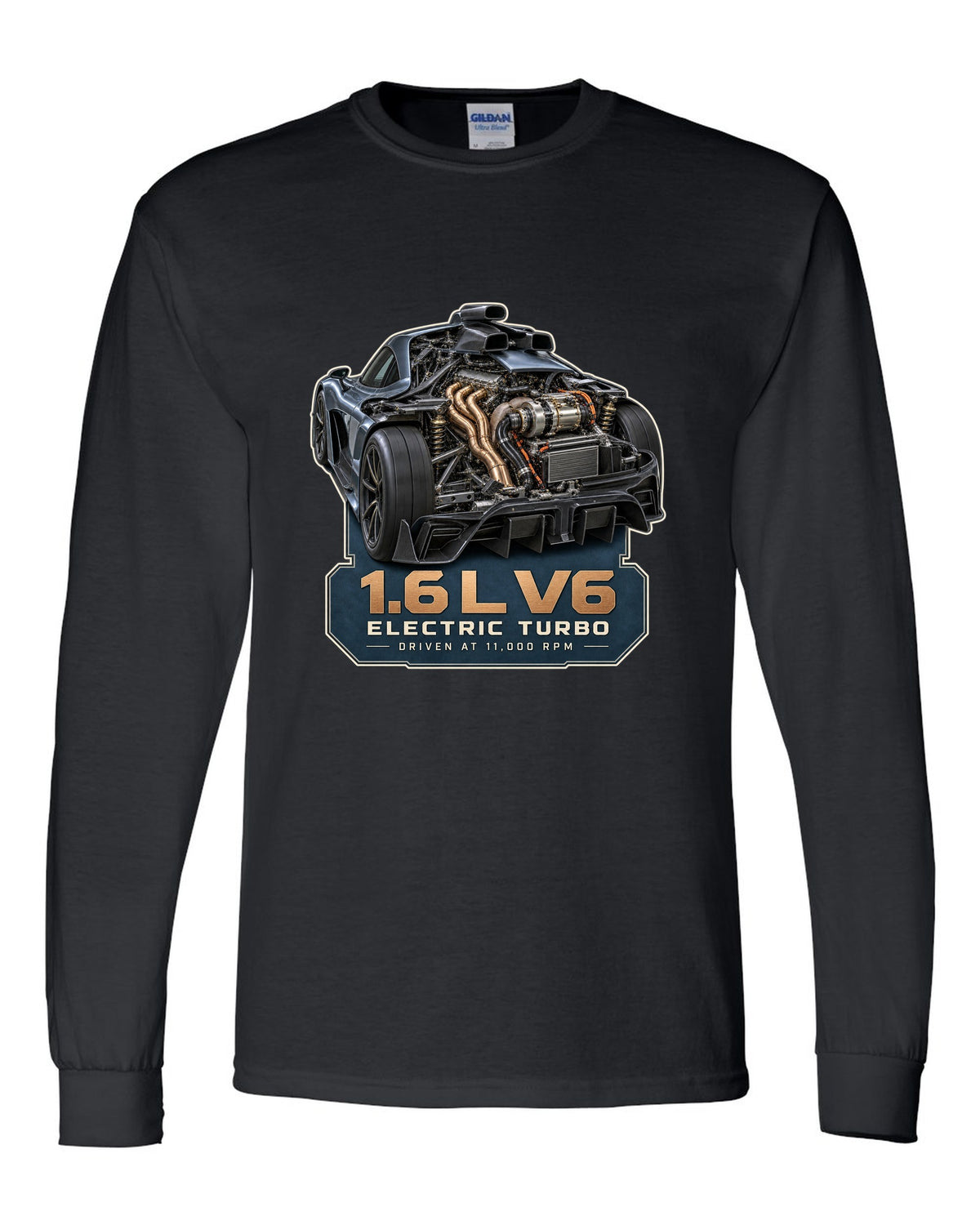 Mercedes-AMG One 1.6 L V6 hybrid power unit engine illustration black long sleeve front view with the design