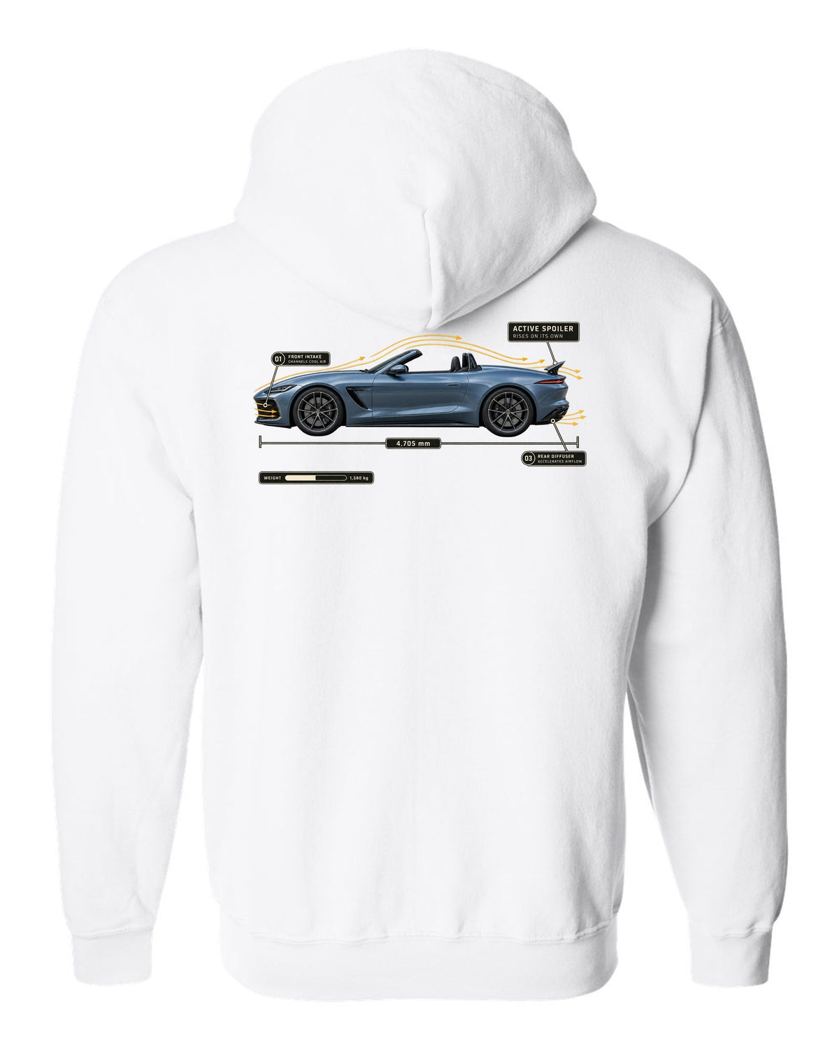 SL63 R232 Active Spoiler Aero Callout white zip hoodie back view with the design