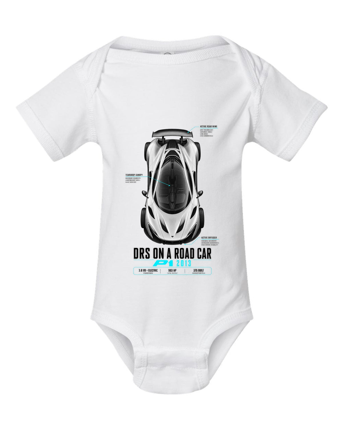 Spec poster print of a 2013 McLaren P1 with DRS on a road car text white baby onesie front view with the design