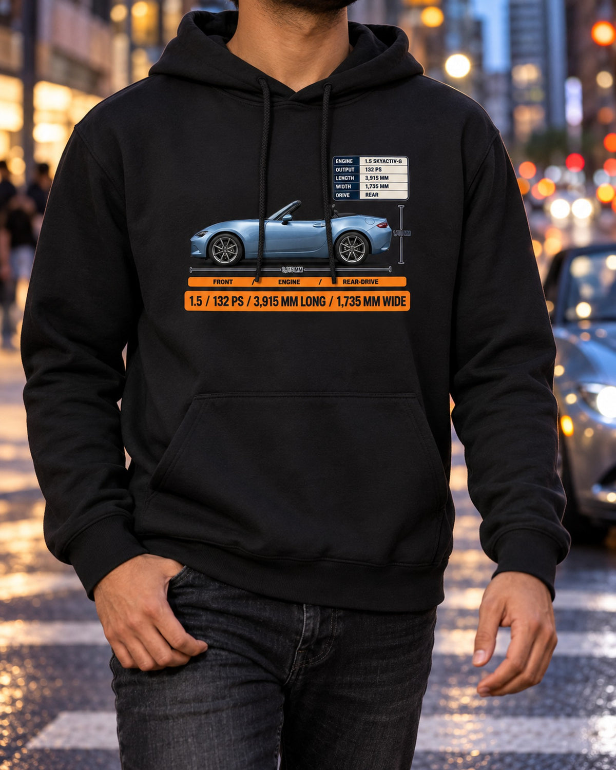 Mazda MX-5 ND 1.5 SKYACTIV-G 132 PS Spec Poster Tee Pull Over Hoodie Black worn hero