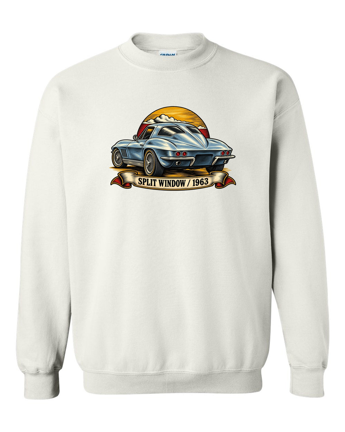 Woodcut linocut rear view print of the 1963 Corvette C2 Sting Ray split-window coupe white crewneck front view with the design