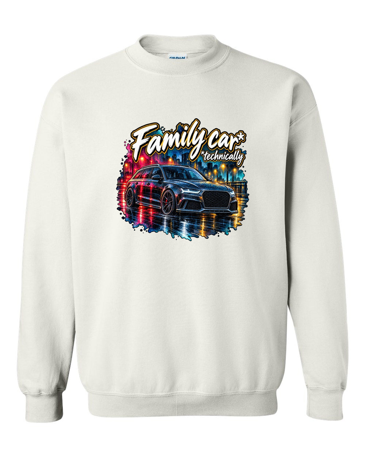 Watercolour wet-road night design of the Audi RS6 Avant C7 4G with family car technically lettering white crewneck front view with the design