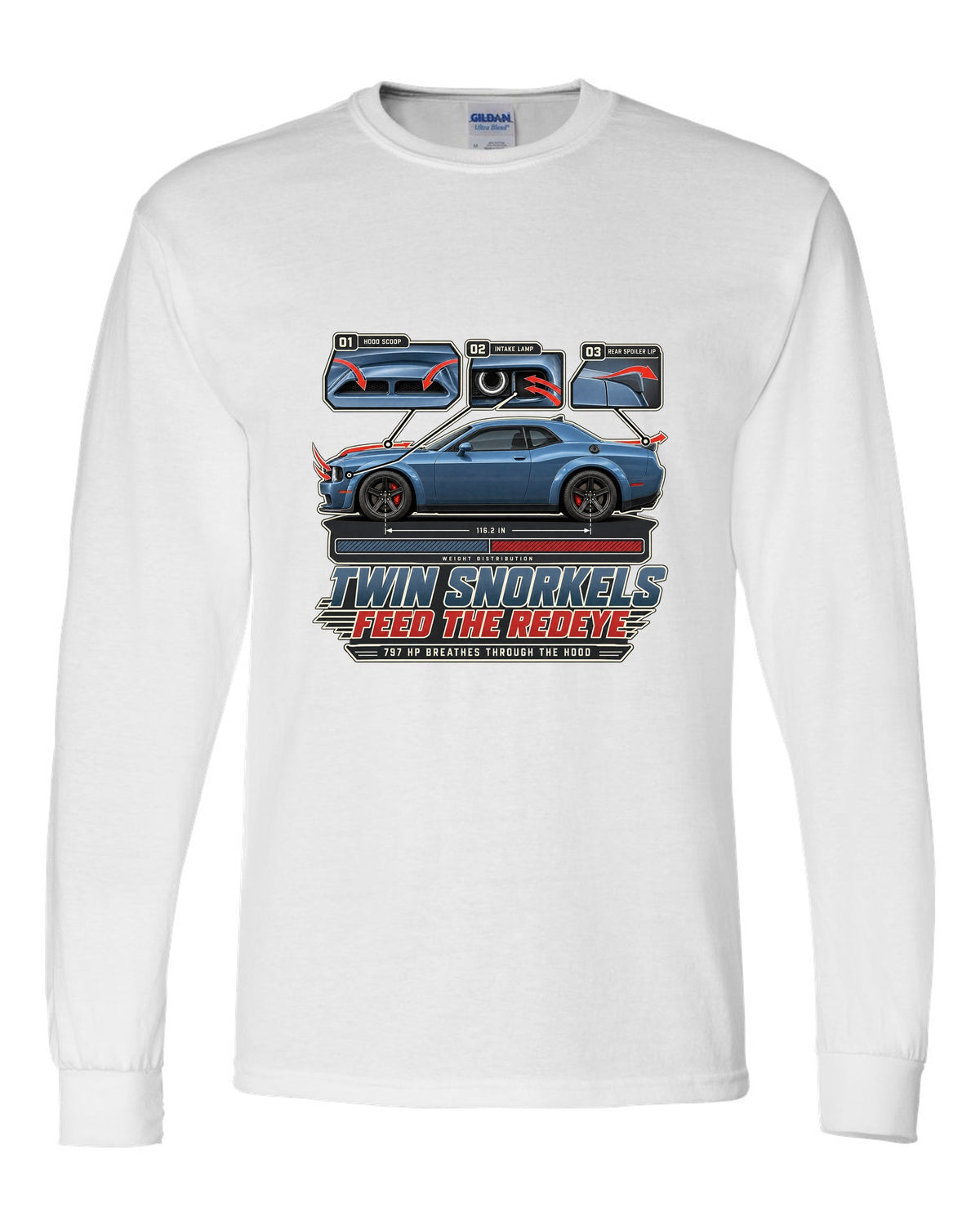 Dodge Challenger Hellcat Redeye Widebody aero callouts showing twin hood snorkels white long sleeve front view with the design