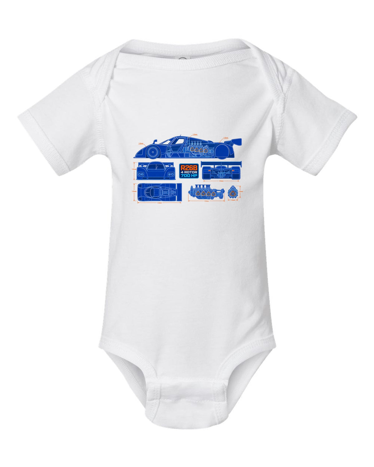 Technical blueprint cutaway of the Mazda 787B R26B four-rotor engine with 700 HP lettering white baby onesie front view with the design