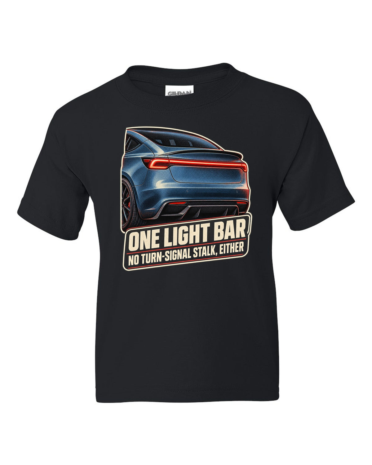 Rear taillight macro print of a Tesla Model 3 Performance Highland with a light bar black kids tee front view with the design