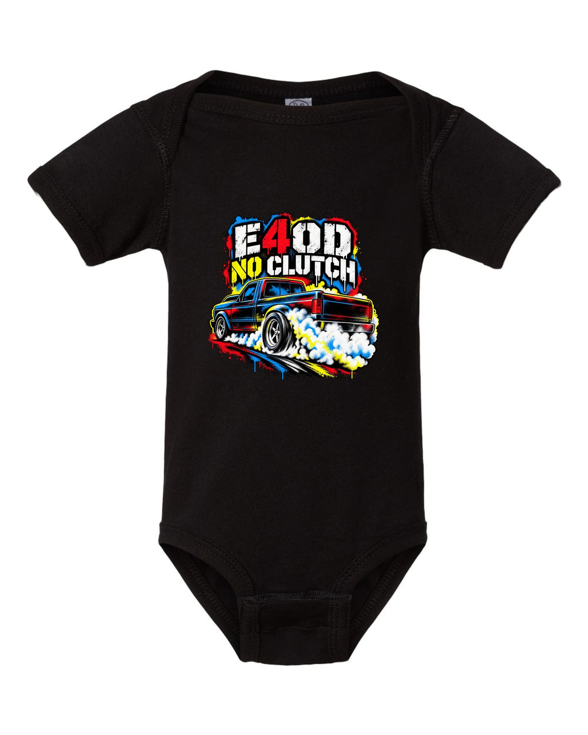 Ford F-150 SVT Lightning first gen burnout in a stencil spray print black baby onesie front view with the design