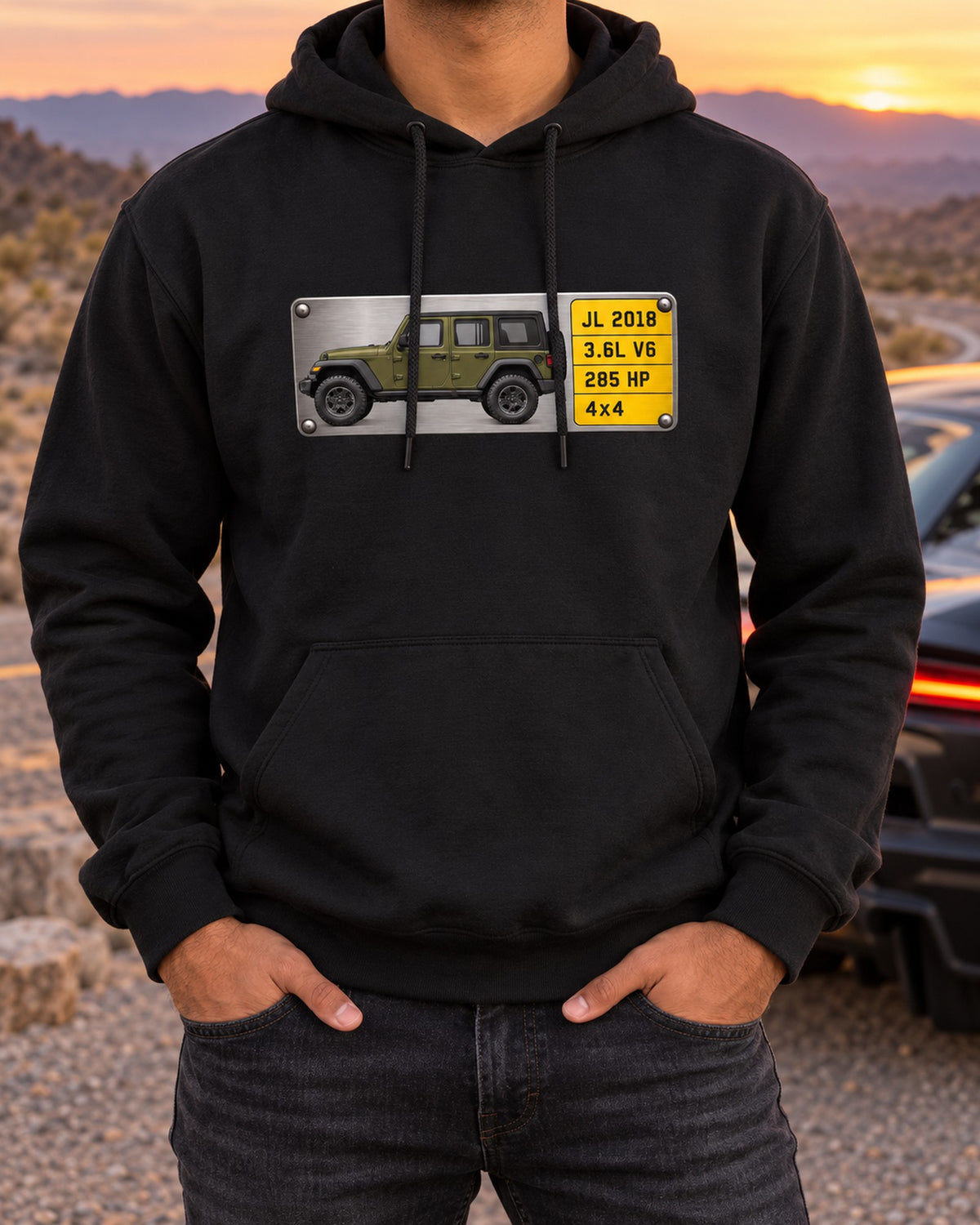 Jeep Wrangler JL Unlimited 3.6L V6 285 HP Spec Plate Tee Pull Over Hoodie Black worn hero