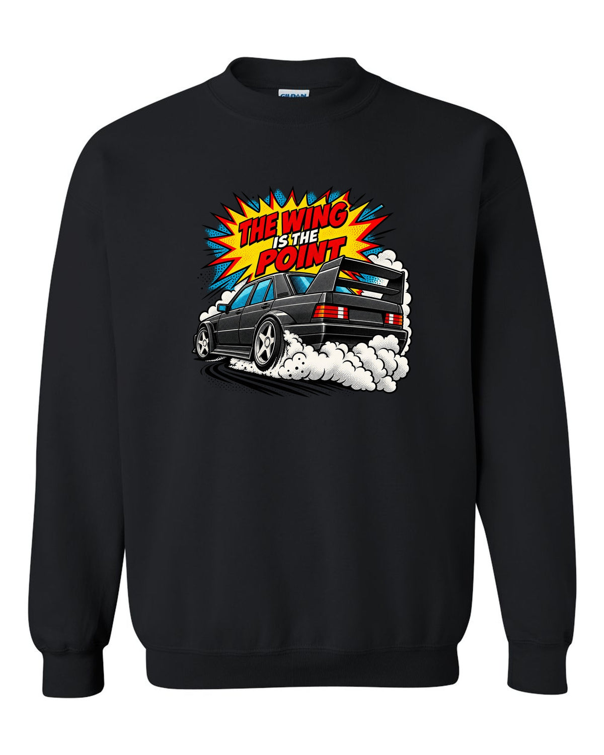 Comic halftone pop-art print of a Mercedes 190E Evo II W201 with rear wing black crewneck front view with the design