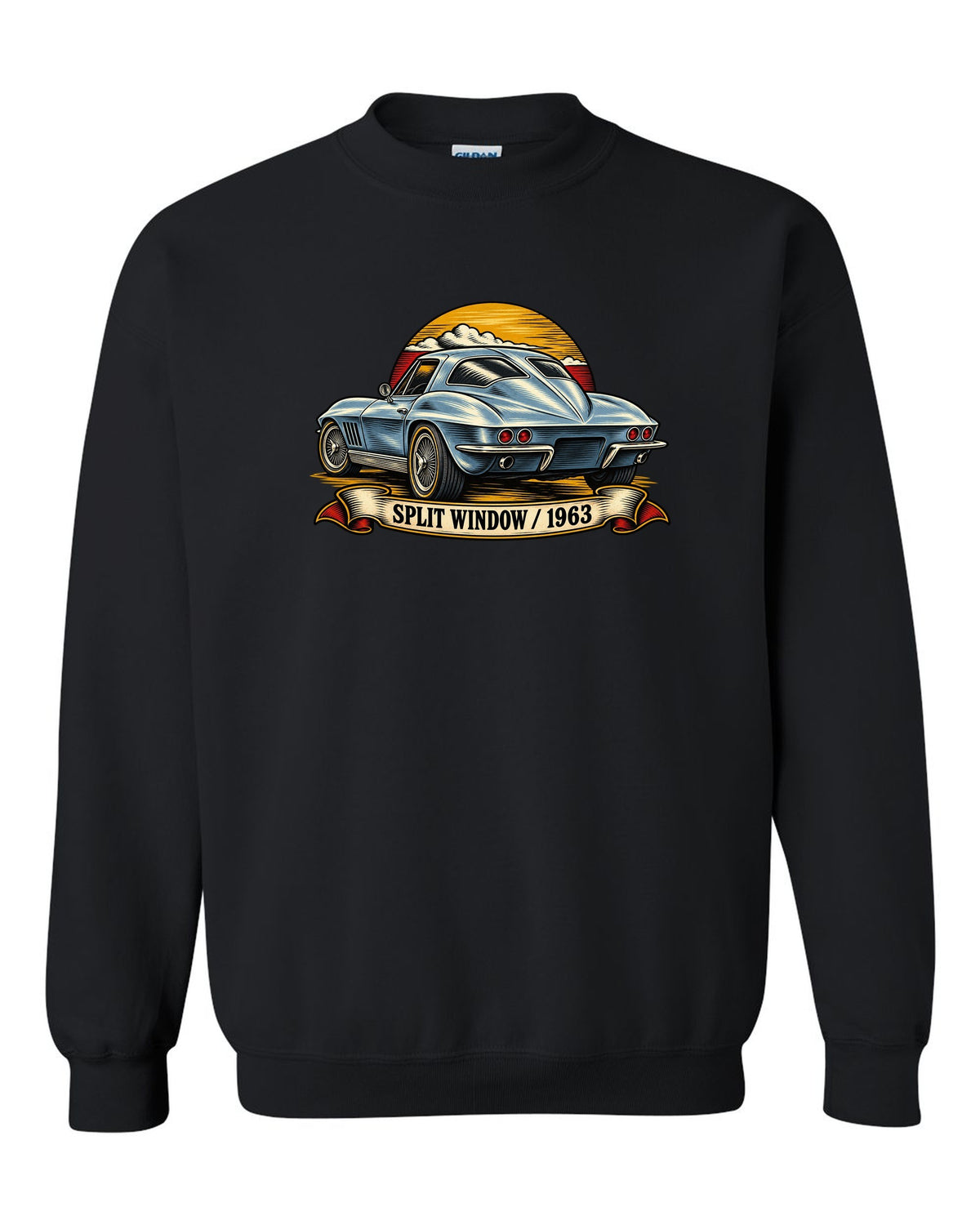 Woodcut linocut rear view print of the 1963 Corvette C2 Sting Ray split-window coupe black crewneck front view with the design