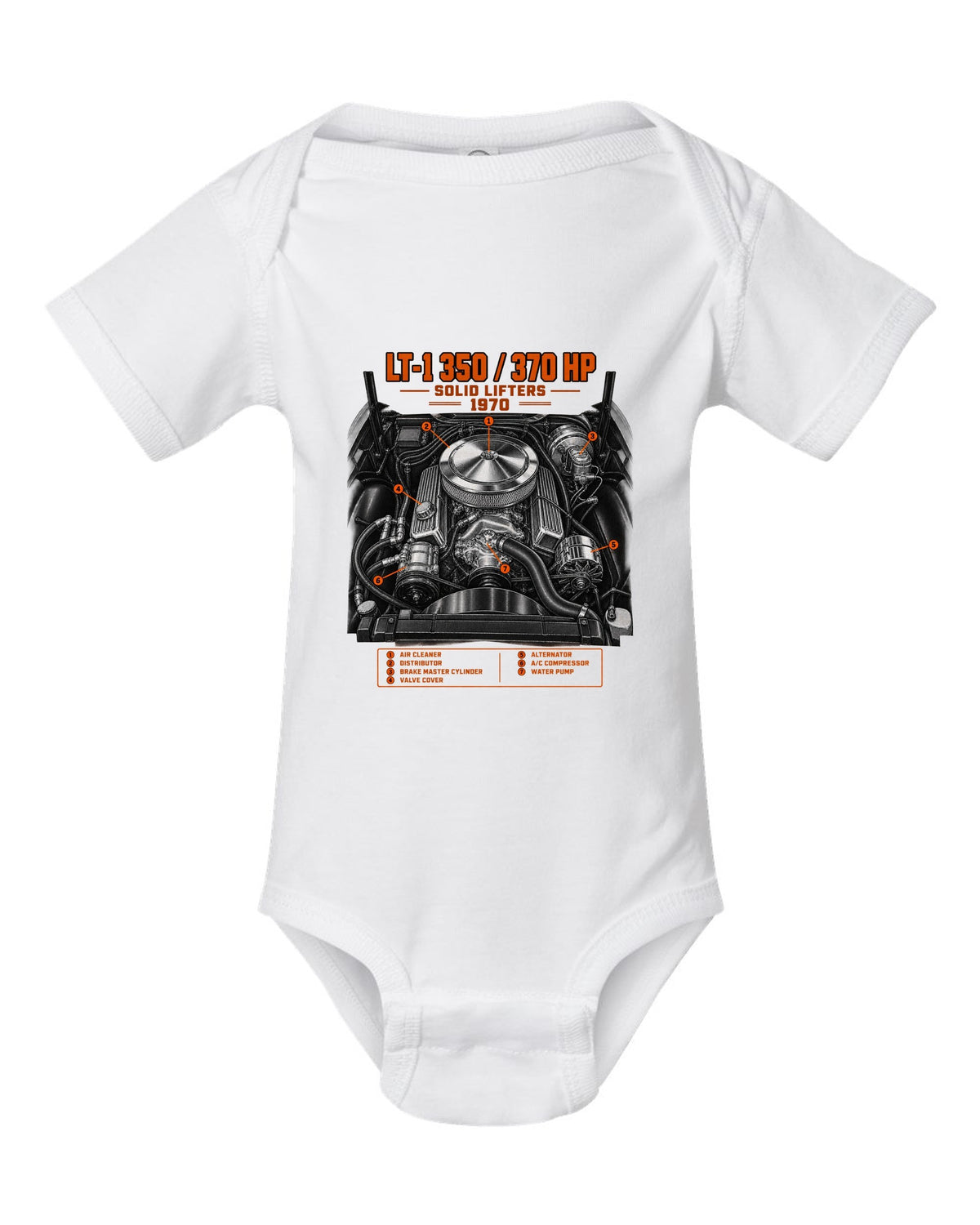 Chevrolet Corvette C3 Stingray 1970 LT-1 350 engine print white baby onesie front view with the design