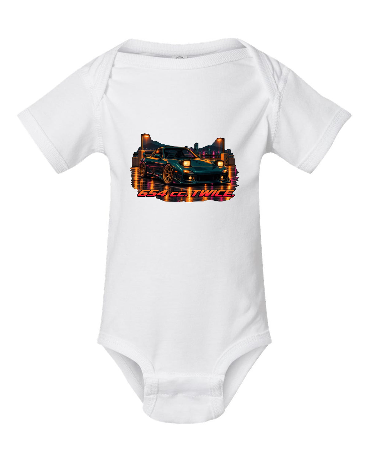 16-bit pixel art Mazda MX-5 NB roadster driving an open road white baby onesie front view with the design