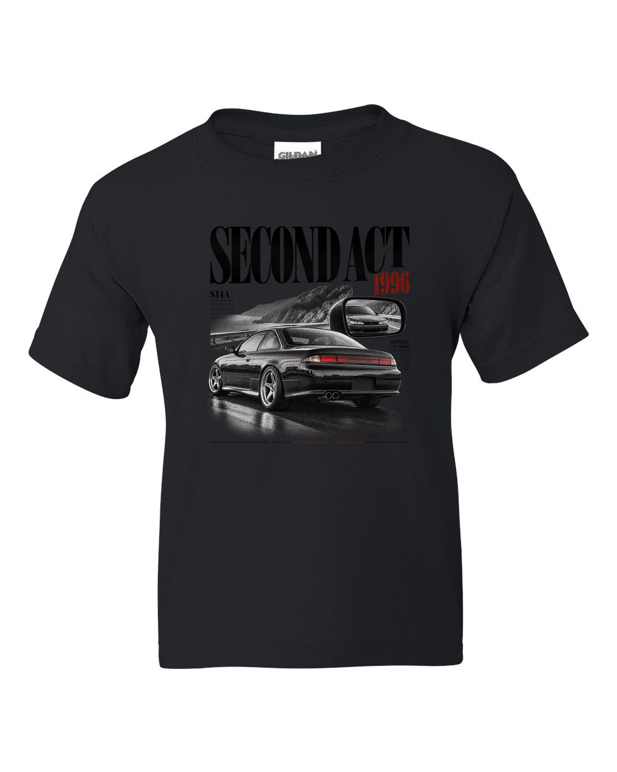 Editorial headline layout of a Nissan Silvia S14 kouki with Second Act, 1996 and projector headlights lettering black kids tee front view with the design